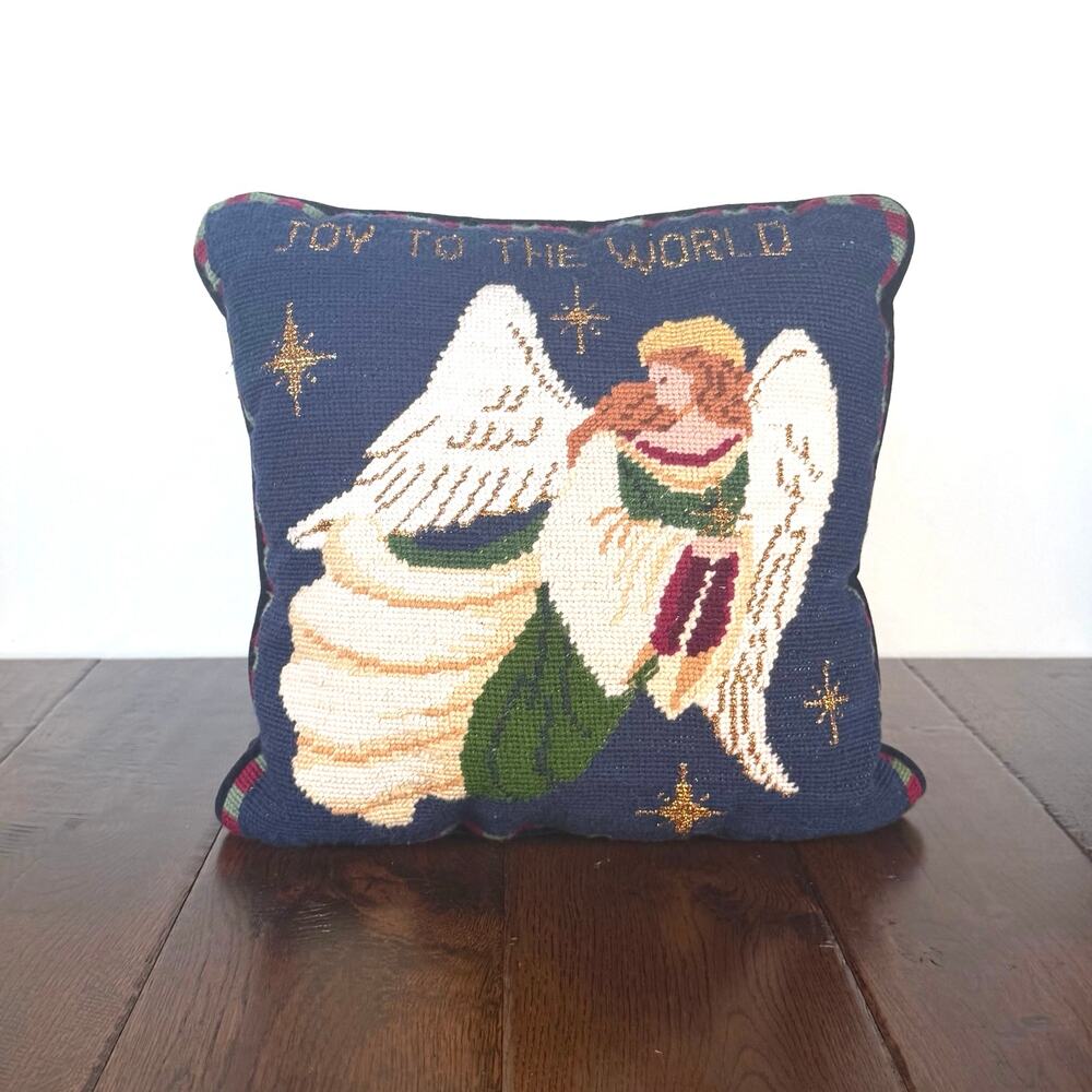 Vintage Christmas Needlepoint Pillow | Angel Joy to the World Holiday Decor